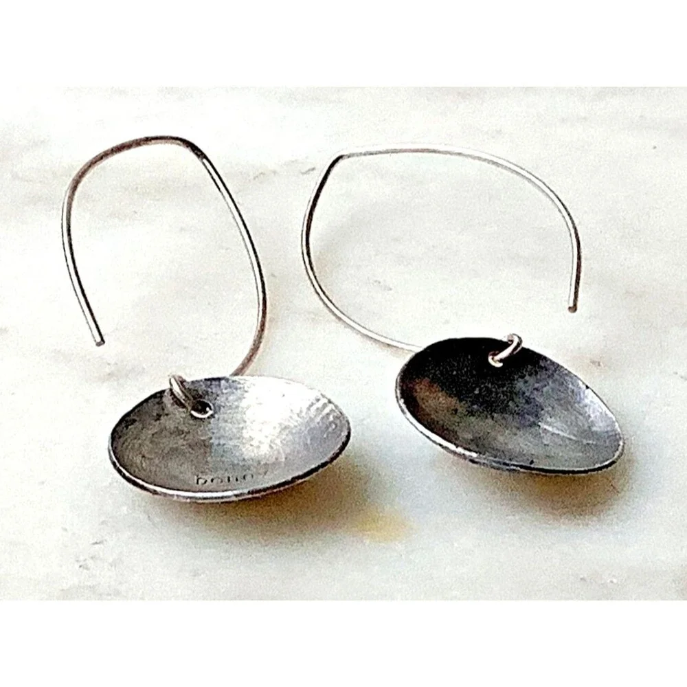 Vintage Sterling Earrings Silver 925 Dangle Puffed Disk Large Hook Floral Signed